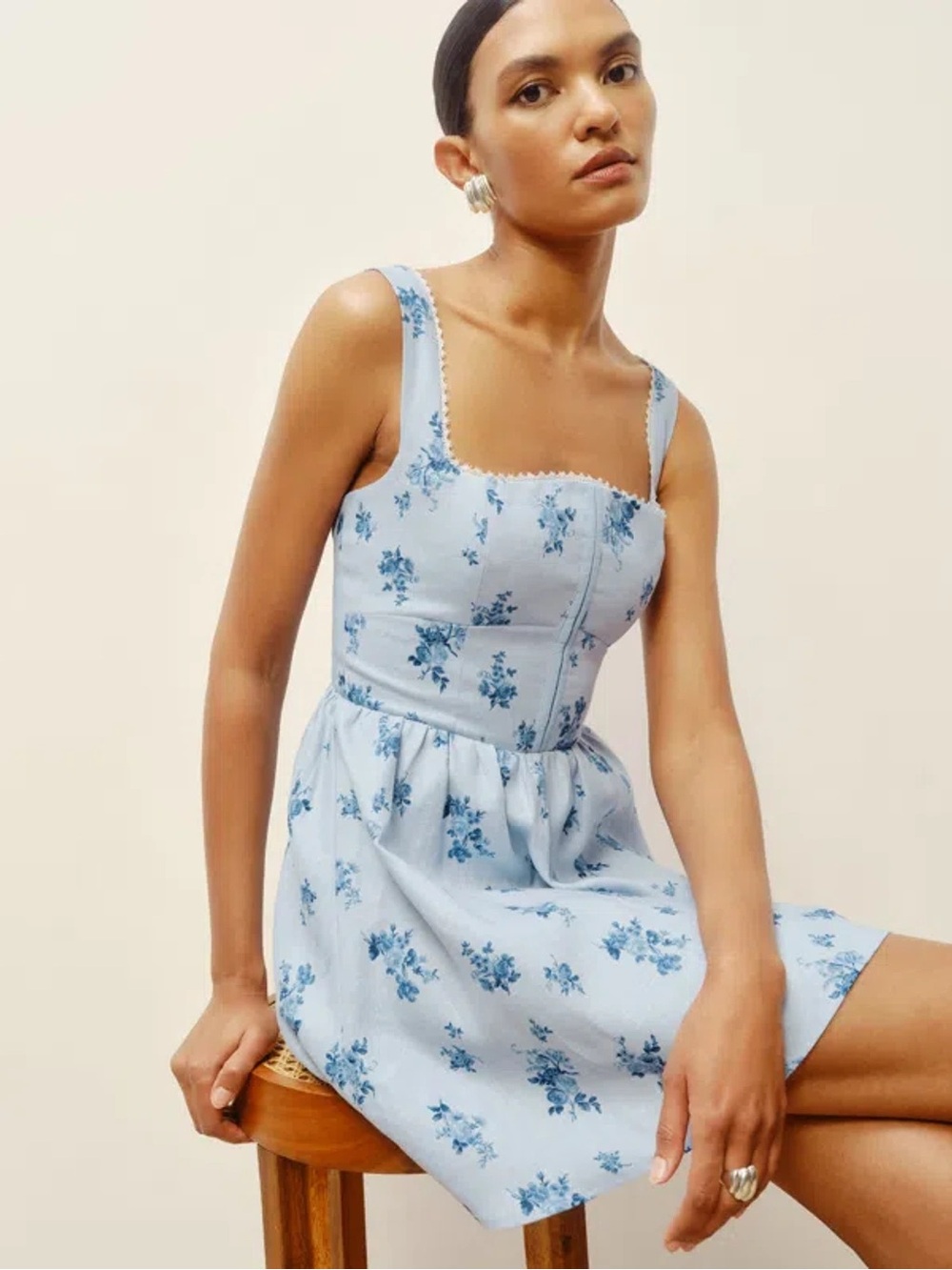 Reformation Sheri Linen Dress Light Blue Floral Sundress with Square Neck